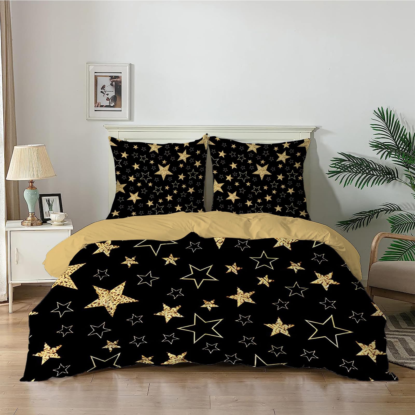 Qiwagu Black Super King Duvet Cover, Soft Reversible Quilt Cover with Gold Stars Pattern, Superking Bedding Set Microfibre with Zipper Closure, Comforter Cover and 2 Pillowcases, 260x220 cm