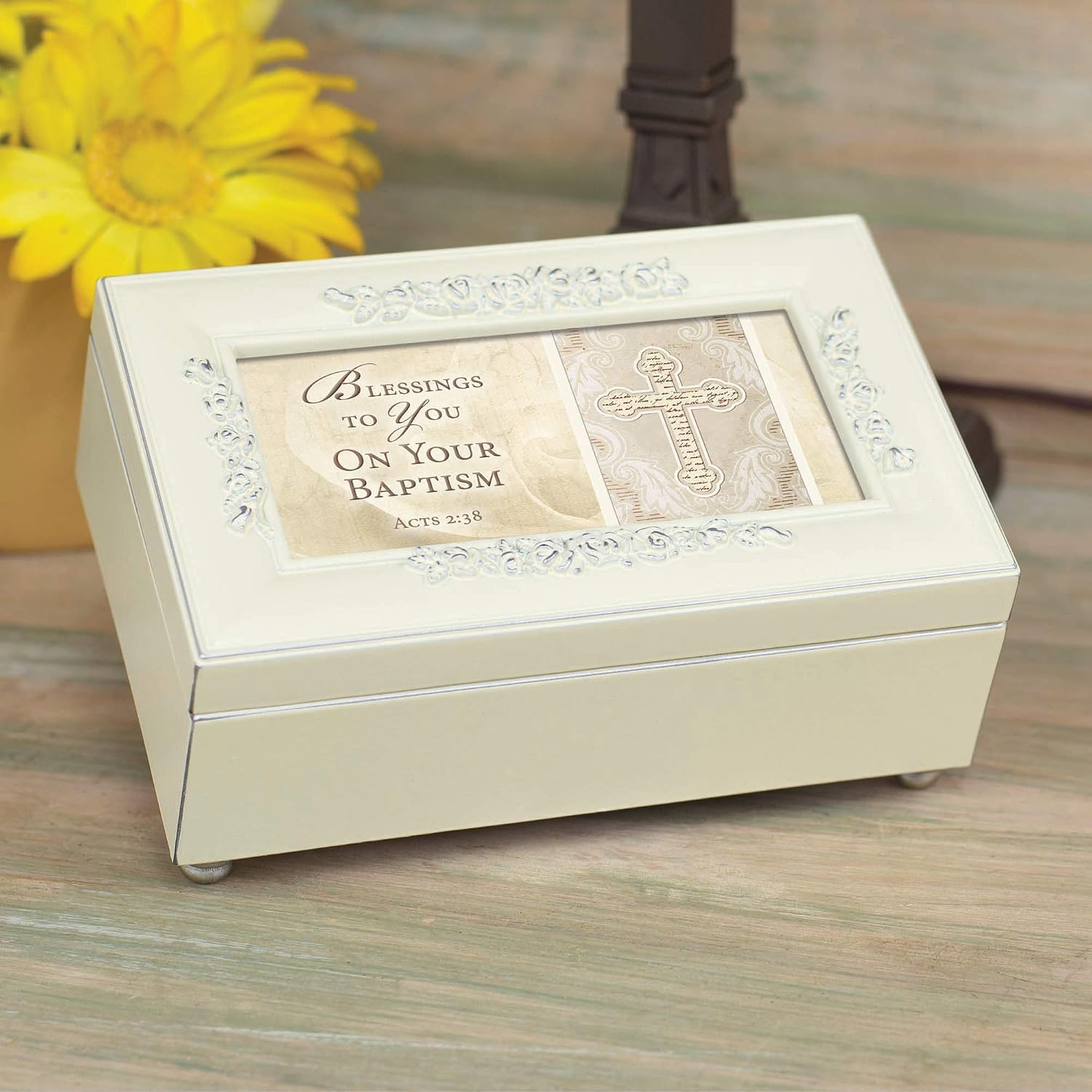 Cottage Garden Blessings to You on Baptism Cross Ivory Petite Jewelry Music Box Plays Jesus Loves Me