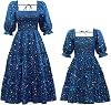 Mommy and Me Matching Dresses Floral Printed Ruffled Lantern Sleeves A-Line Long Dress Mom Daughter Matching Outfits
