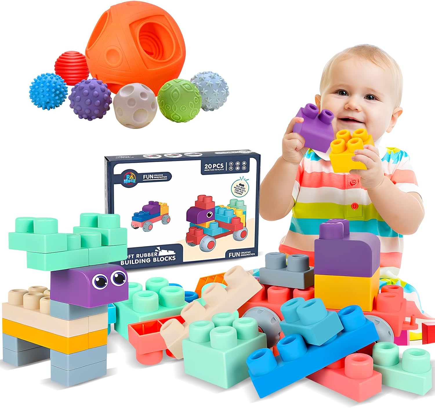 Toddler Sensory Balls & Soft Building Blocks Set - 20 PCS