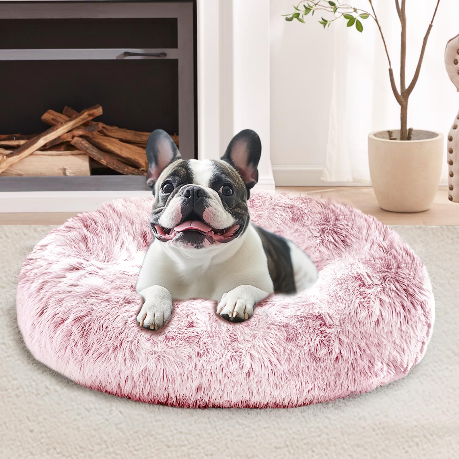 JOLLYVOGUEDog Bed Cat Bed, Anti-Anxiety Small Dog Bed, Calming Donut Dog  Bed for Puppy, Cozy Cat Bed, Fluffy Dog Beds for Small Dogs, Washable Round