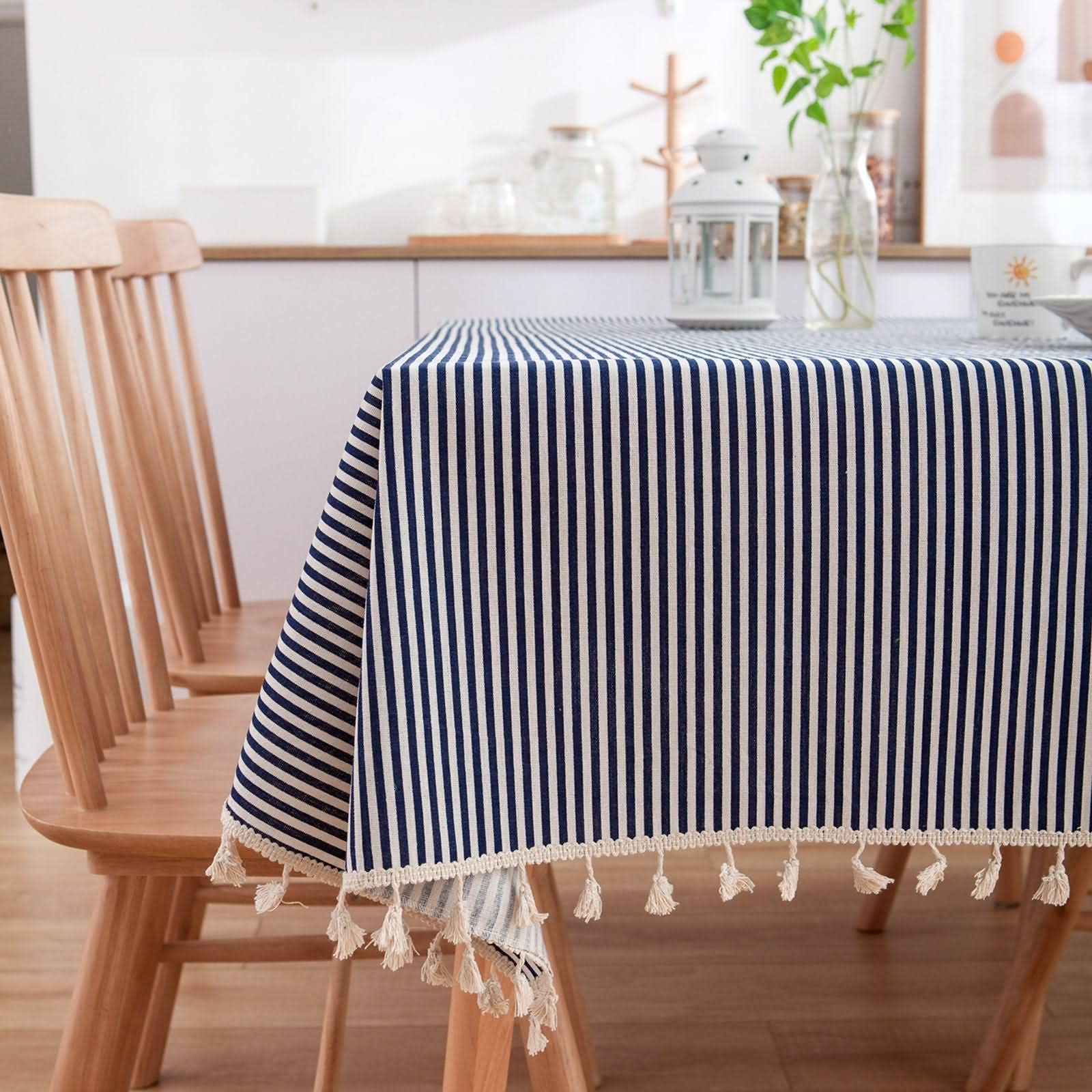 Tovaglia quadrata moderna con strisce blu navy elastico misto cotone lino 140 x 300 cm tovaglia per cucina e sala da pranzo elegante bordo nappa