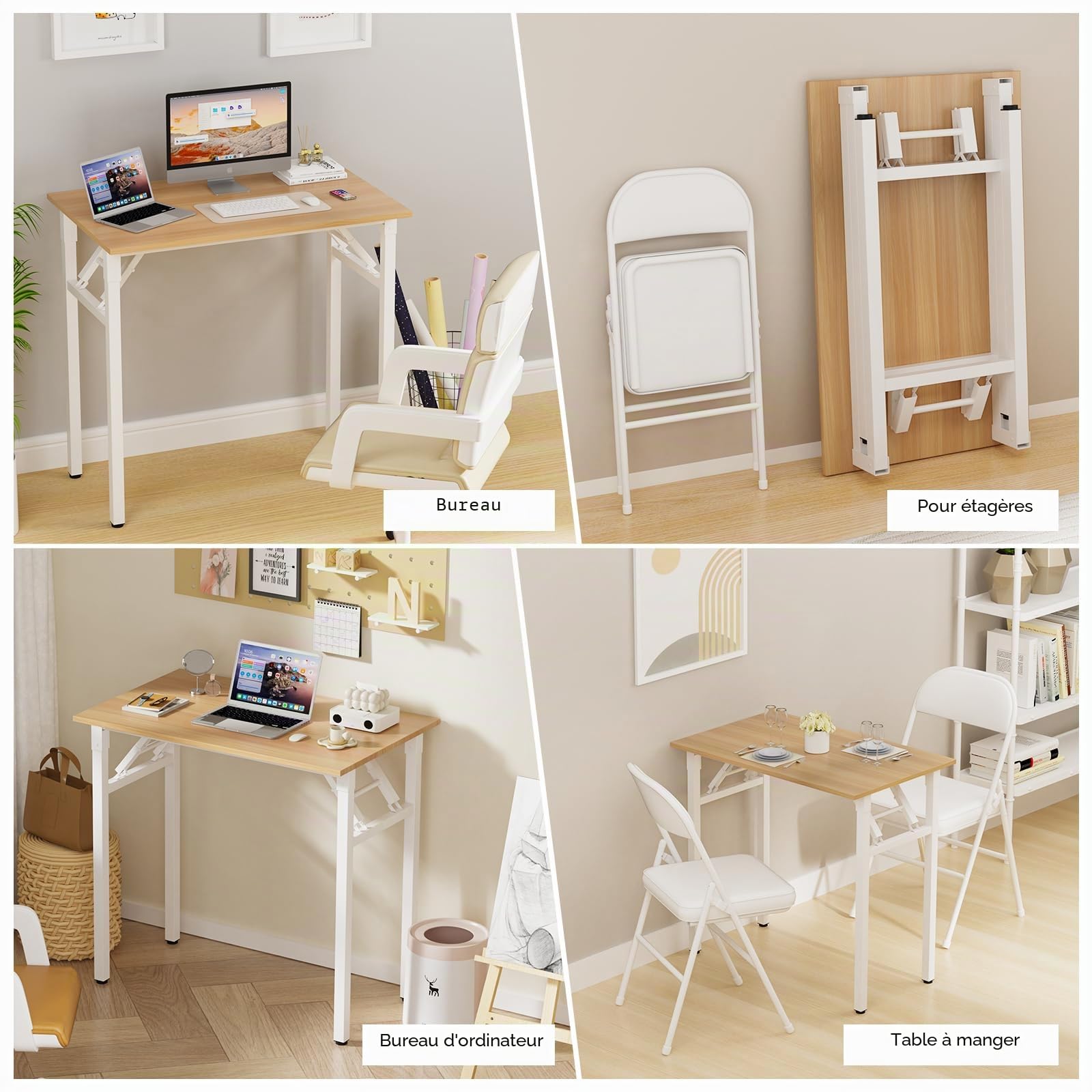 PIPIPOXER Petit Bureau Pliant 80x50x76cm, Table Pliable d'Ordinateur, Cadre en Métal, pour Étudier, Travailler, Chambre, Imperméable, Bois
