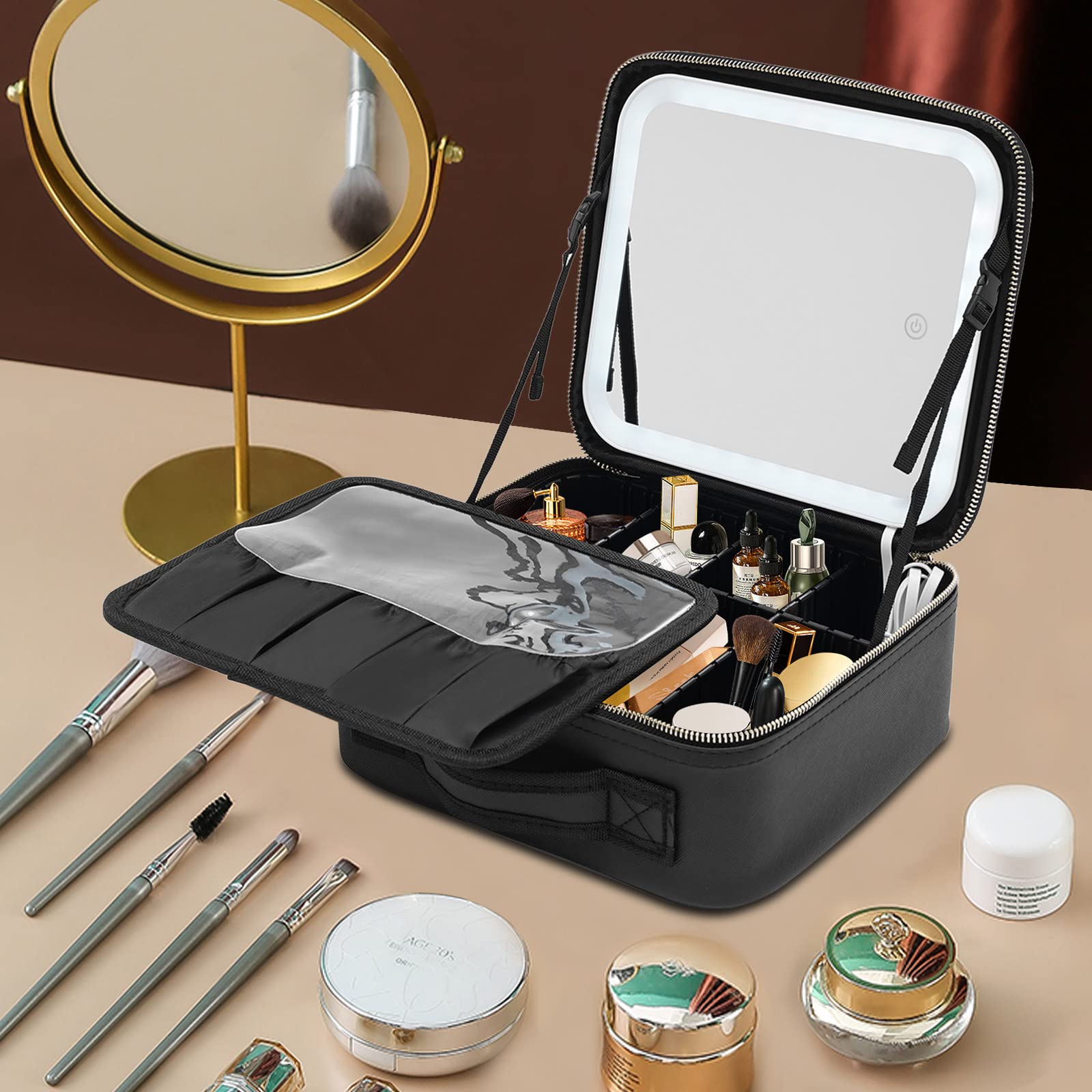 Make-up Tasche mit LED Spiegel, Reise Kosmetiktasche mit 3 Farben Helligkeit Einstellbarer, Schminktasche mit 7 Verstellbaren Trennwänden und Makeup Pinsel Aufbewahrungstasche (Schwarz)