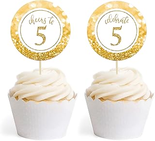 Andaz Press Glitzy Faux Gold Glitter Round Cupcake Toppers, Cheers to 5 Years, 5th Birthday or Anniversary, 20-Pack