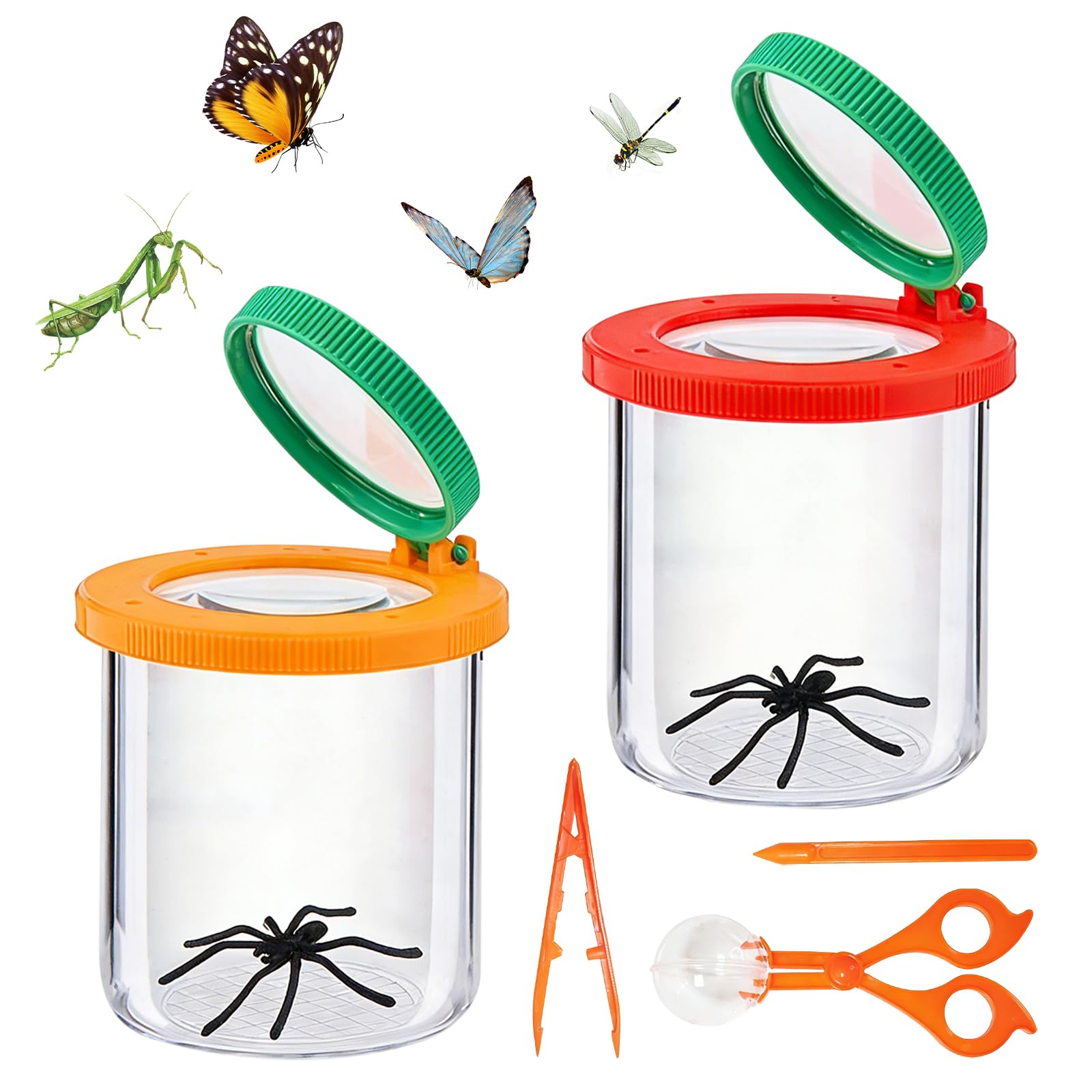 Becherlupen für Kinder,2 Stück Insektenfänger,Becherlupen für Kinder Lupenbecher Insektenfänger,mit Schmetterlingsfangnetz,Pinzette,Kleinkindspielzeug für Outdoor Wissenschaft Natur Erkundung