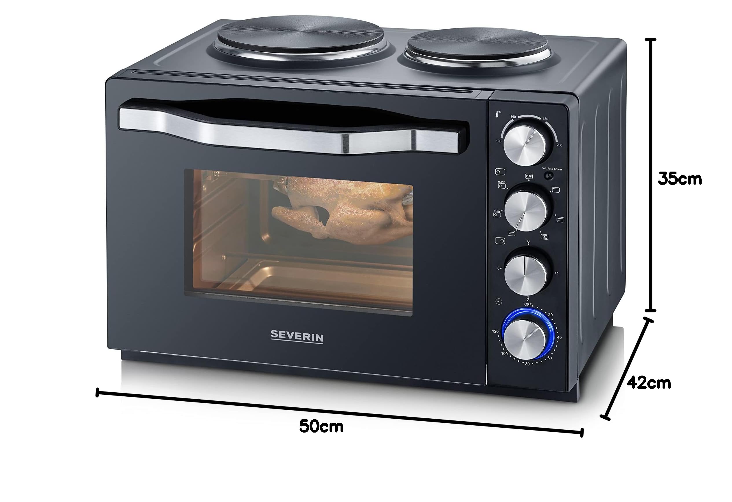 SEVERIN Mini-Four à chaleur tournante 30 L avec tournebroche et plaques de cuisson, Four posable 2 500 W design élégant, Mini-four électrique minuteur 120 min, Noir/Inox, TO 2074