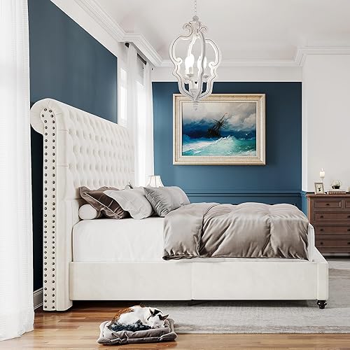 Miniatura 7 de PaPaJet Base de cama tamaño King, cama de plataforma tapizada con cabecera de 134 cm de altura estilo carruaje, con botones acolchados, no necesita