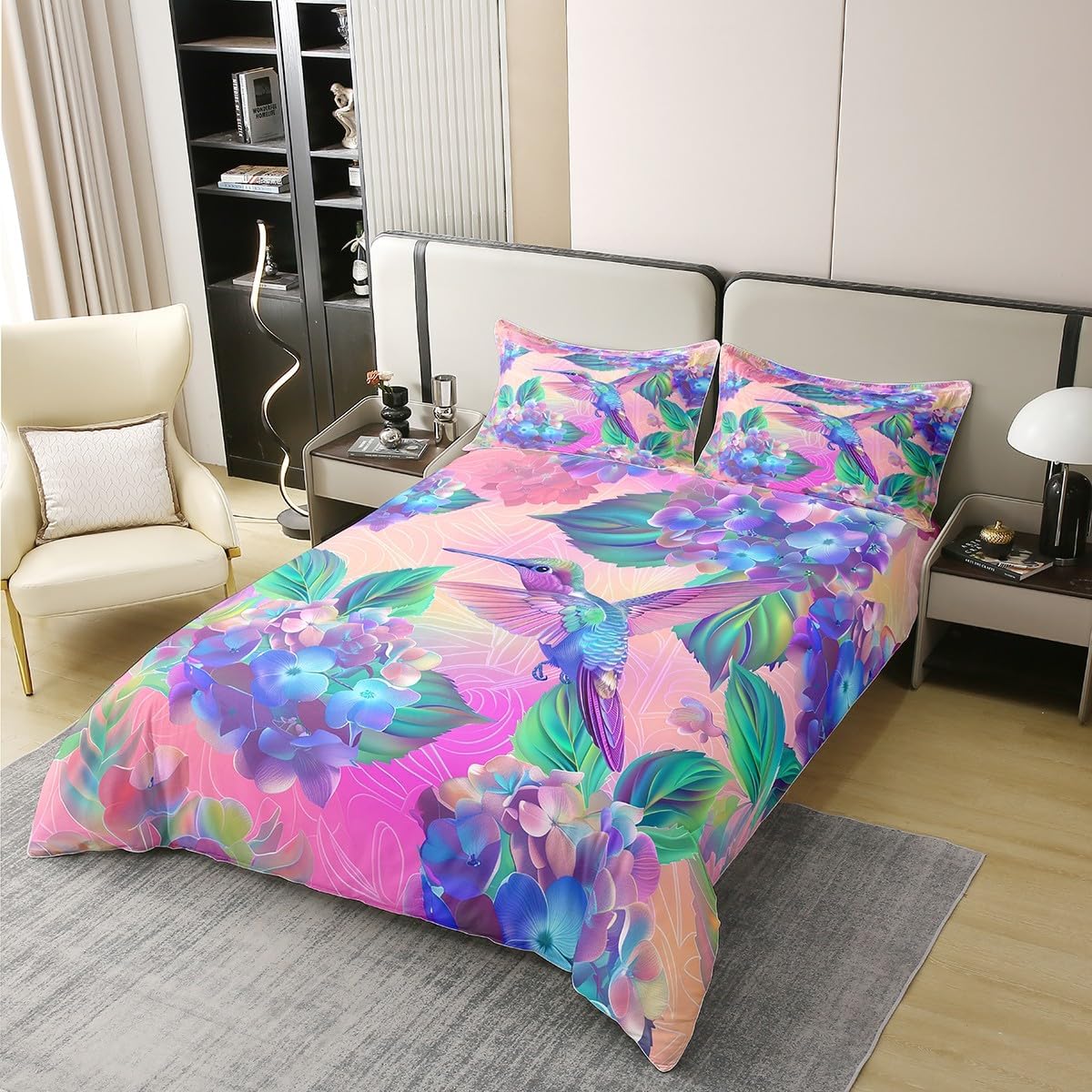 Erosebridal 100% Organic Cotton Hydrangea Bed Set Pink Purple Floral Duvet Cover Queen Tropical Hummingbird Bedding Set Tie Dye Aesthetics Ultra Soft Comforter Cover Spring Summer Theme Bedroom Decor