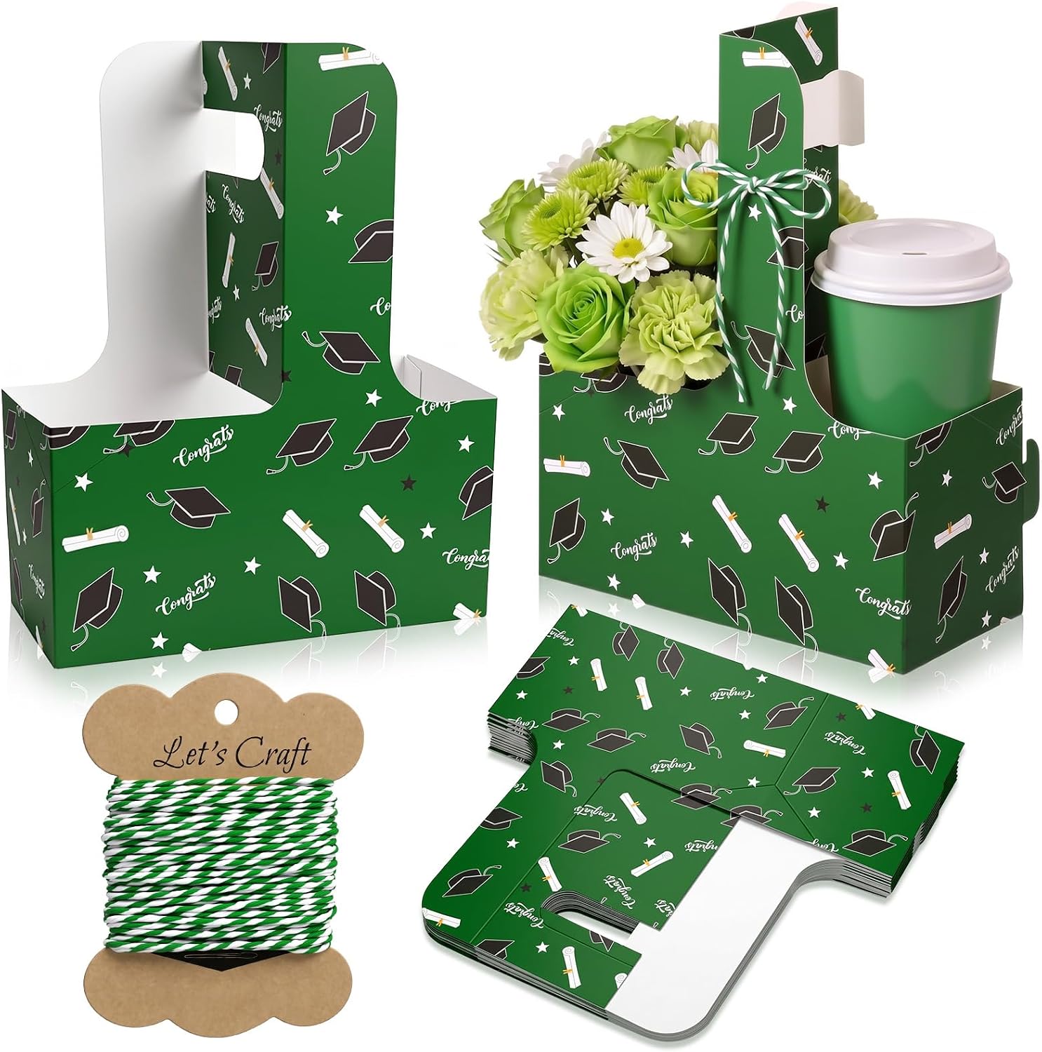 Potchen 30 Pcs 2026 Graduation Gifts 2 Cup Drink Carrier with Handle Disposable Coffee Cup Holder with Cotton Rope for High School Graduation Party Favors(Green)
