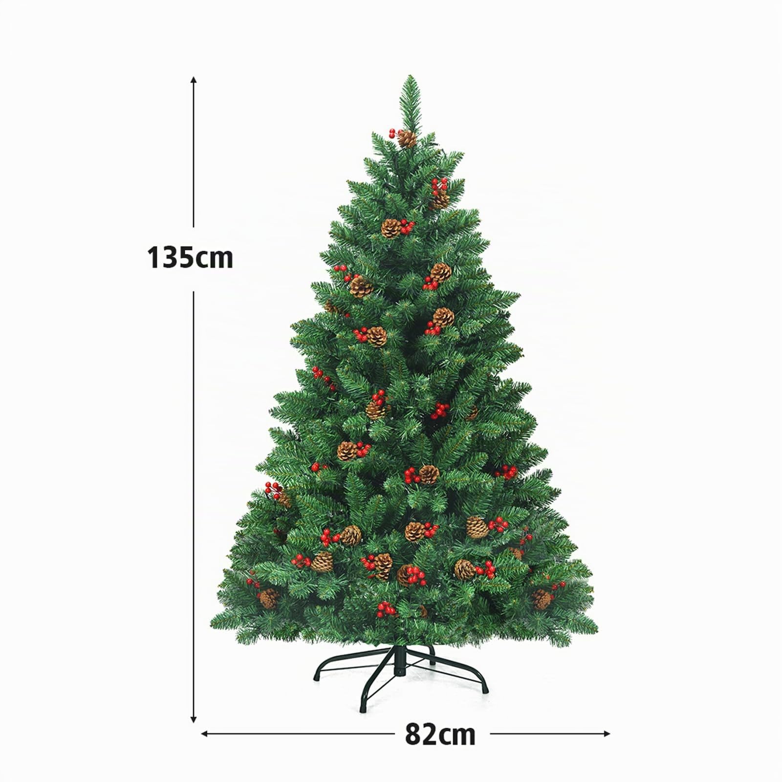 COSTWAY Albero di Natale 135/195 cm, Albero di Natale con 300/450 Luci Incorporate Bianco Caldo, 516/1100 Rami, 32/56 Pigne e 32/56 Bacche Rosse e Base in Metallo, Verde (135cm)