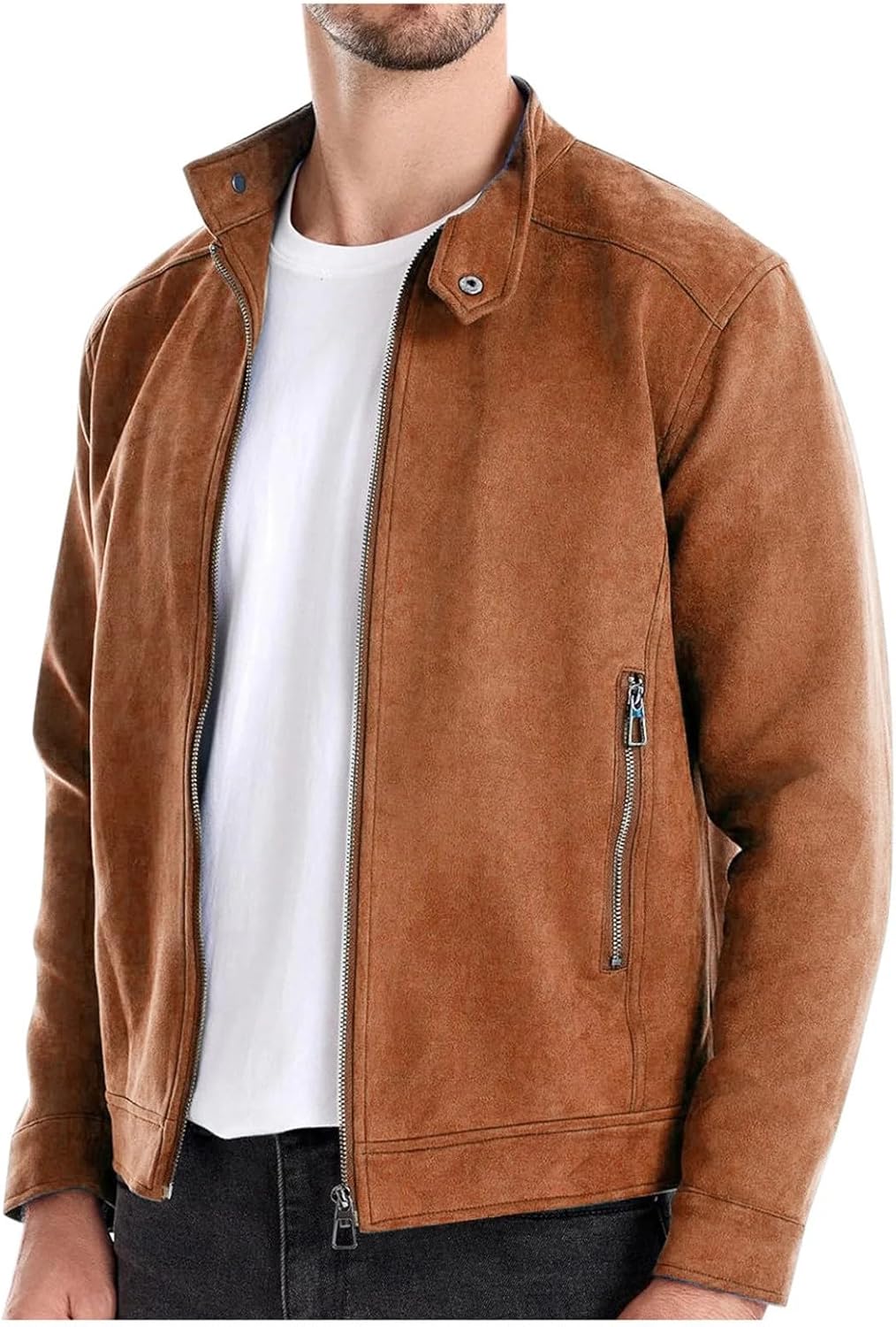 Men's Casual Suede Bomber Jacket Stand Collar Faux Leather Jacket Vintage Work Cargo Jackets Trucker Coats for Men