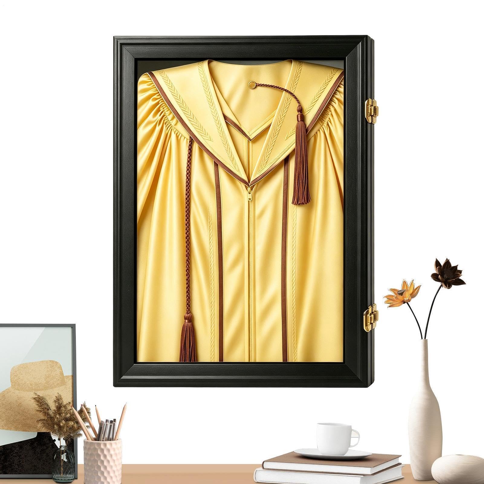 Drewniana Ramka Shadow Box Drewniana skrzynka ochronna na pamiątki | Gablota do Biretu oraz do domu, biura, sypialni, zawieszany na ścianie, na przyjęcia i świętowania, dyplom oraz frędz
