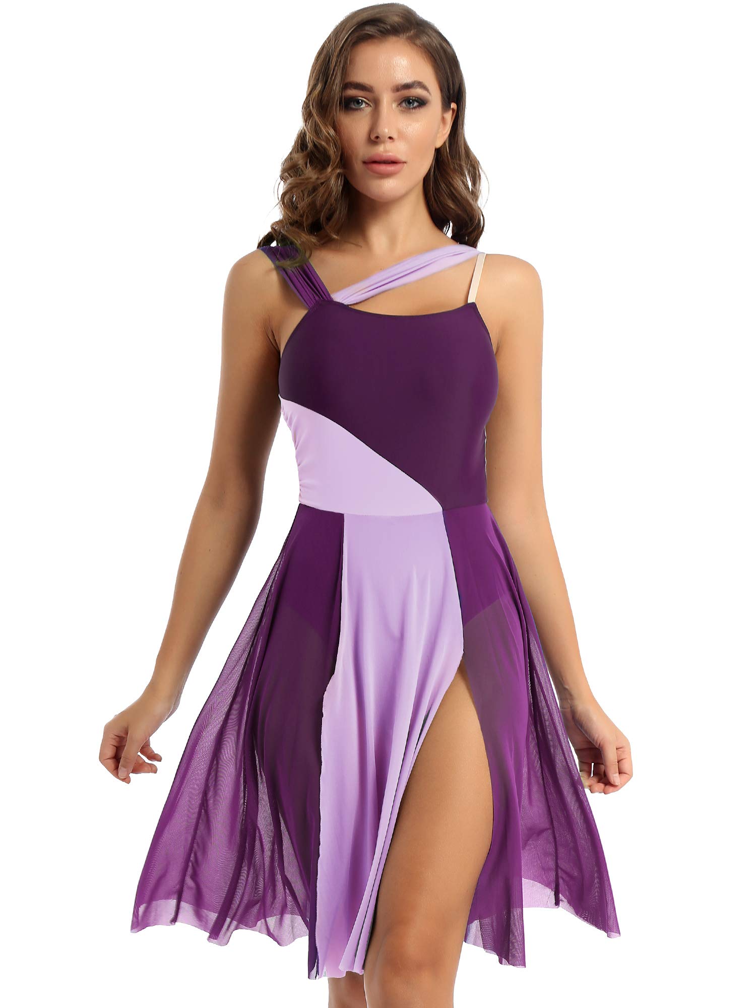 CHICTRY Women's Patchwork Color Cami Sleeveless Lyrical Modern Contemporary Leotard Dress Ballroom Dancing Costume Violet L