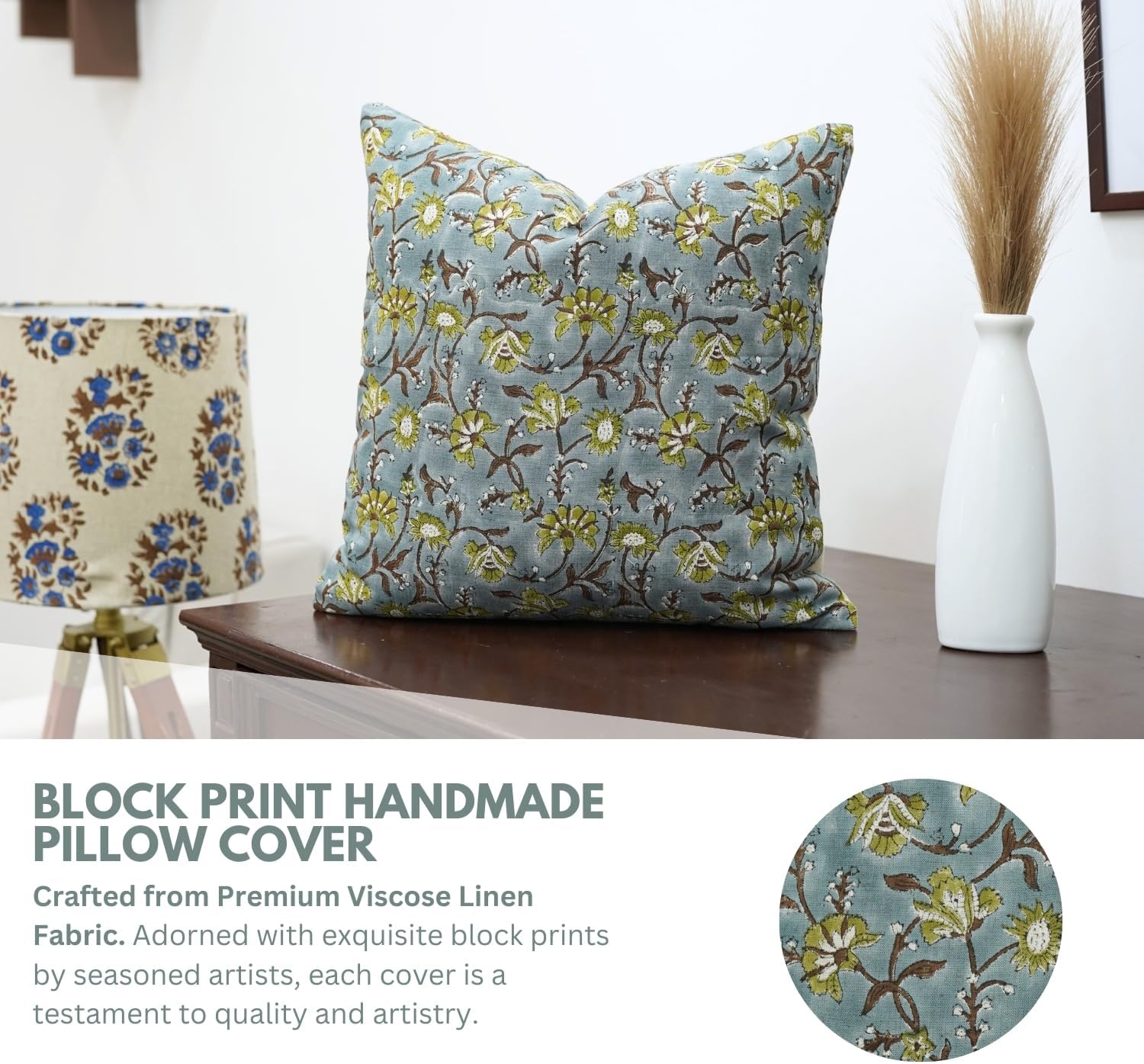 Handmade Block Print Decorative 18X18 Inches Throw Pillowcase Cushion Cover with Hidden Zipper for Sofa, Couch, Farmhouse, Christmas, Fall Decoration, Naayab, Blue