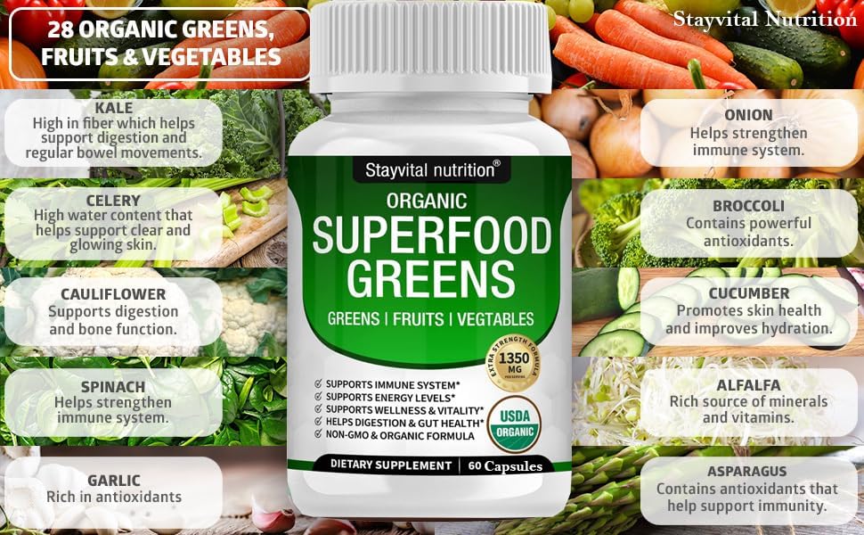 USDA Organic Superfood Greens – 28 Plant-Based Ingredients, Fruit & Veggie Supplement with Alfalfa, Beet Root, and Ginger, 60 Capsules - Image 8
