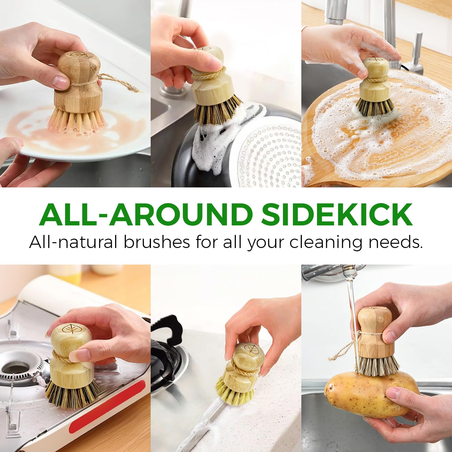AIRNEX Set di 3 spazzole per piatti in bambù, 100% senza plastica, con sisal medio rigido e forte miscela di setole di cocco, antigraffio, inodore per legno, per pentole, padelle e verdure