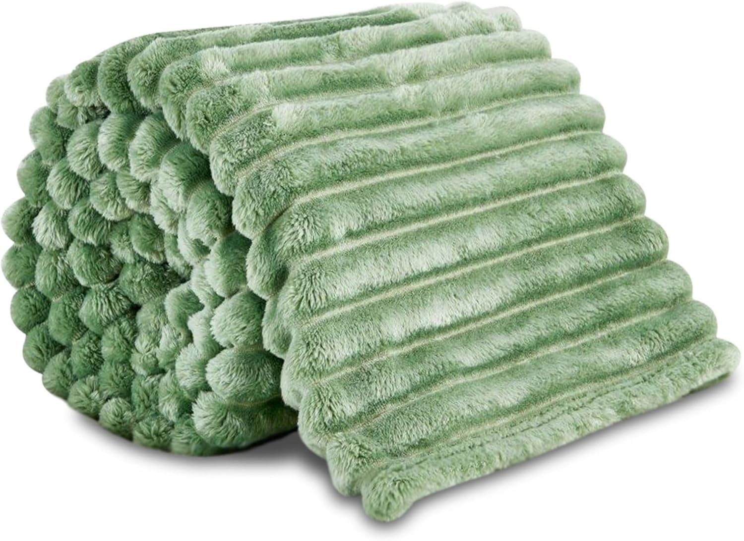 Lions Chunky Ribbed Throw Blanket - Faux Fur Thermal Warm & Cosy Fluffy Throws For Sofa Large Bed Couch, King Size 200x240cm - Soft and Comfortable - Green