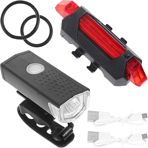 FRCOLOR Rechargeable Front and Rear Bicycle Light Set USB Cable, Plastic LED Bike Headlight and Taillight Combo for Outdoor Cycling Safety, Night