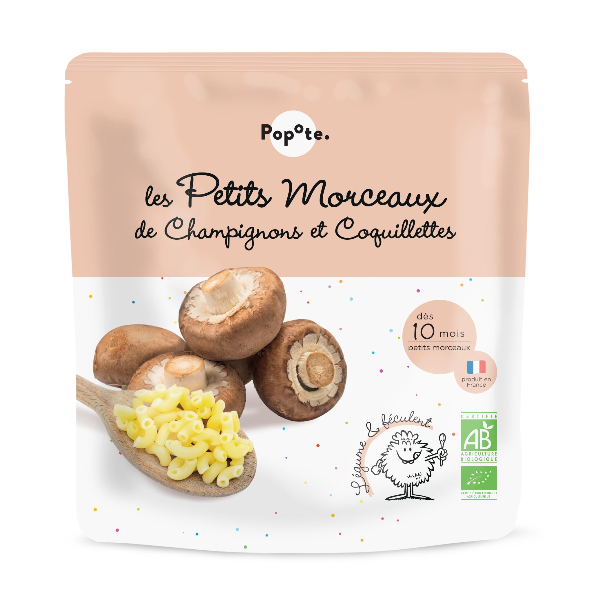 POPOTE - Petits Morceaux Champignons Coquillettes Bio - Repas Bébé Dès 10 Mois - Sachet Individuel 190g - Recette Simple et Équilibrée - Format Pratique à Emporter - Pack Familial 10 x 190g