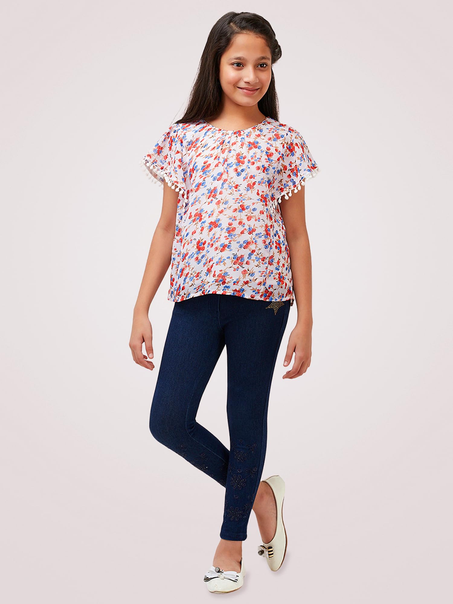 Merrigo Kidz Girls Printed Georgette Top Off White 3
