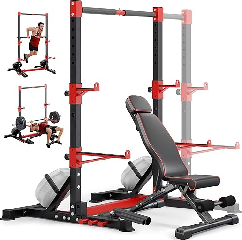 YOLEO Squat Rack with Adjustable Pull-Up Bar & Extended Safety Arms, Multi-Functional Power Racks Squat Stand for Home Gym, Garage &