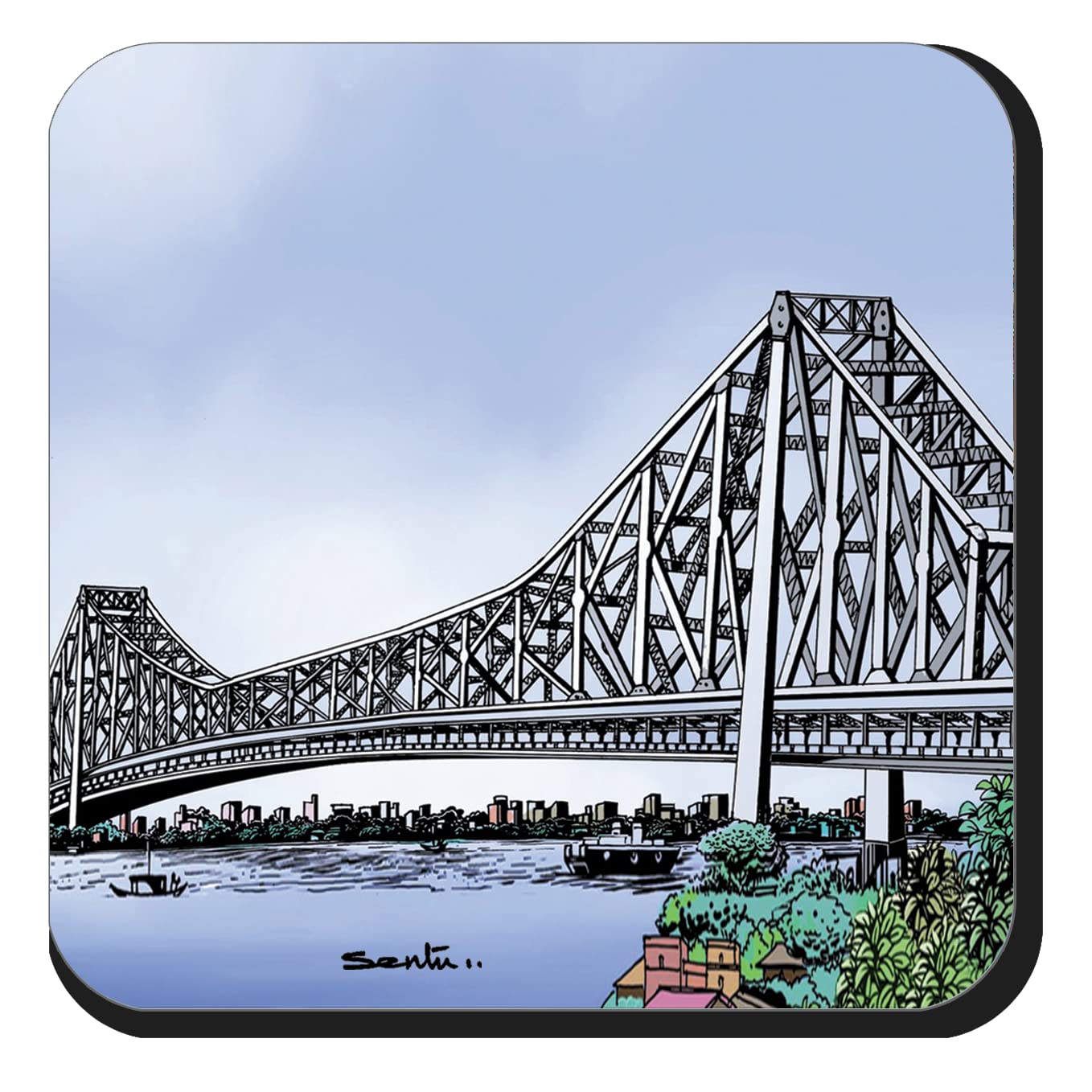 Sentoor Kartoon Aesthetic Kolkata Souvenir Howrah Bridge Wooden Coasters for Dining Coffee Table Tea Cups Lids for Glasses Indian Design Gift for Birthdays Anniversaries Wedding Multicolor Set of 2