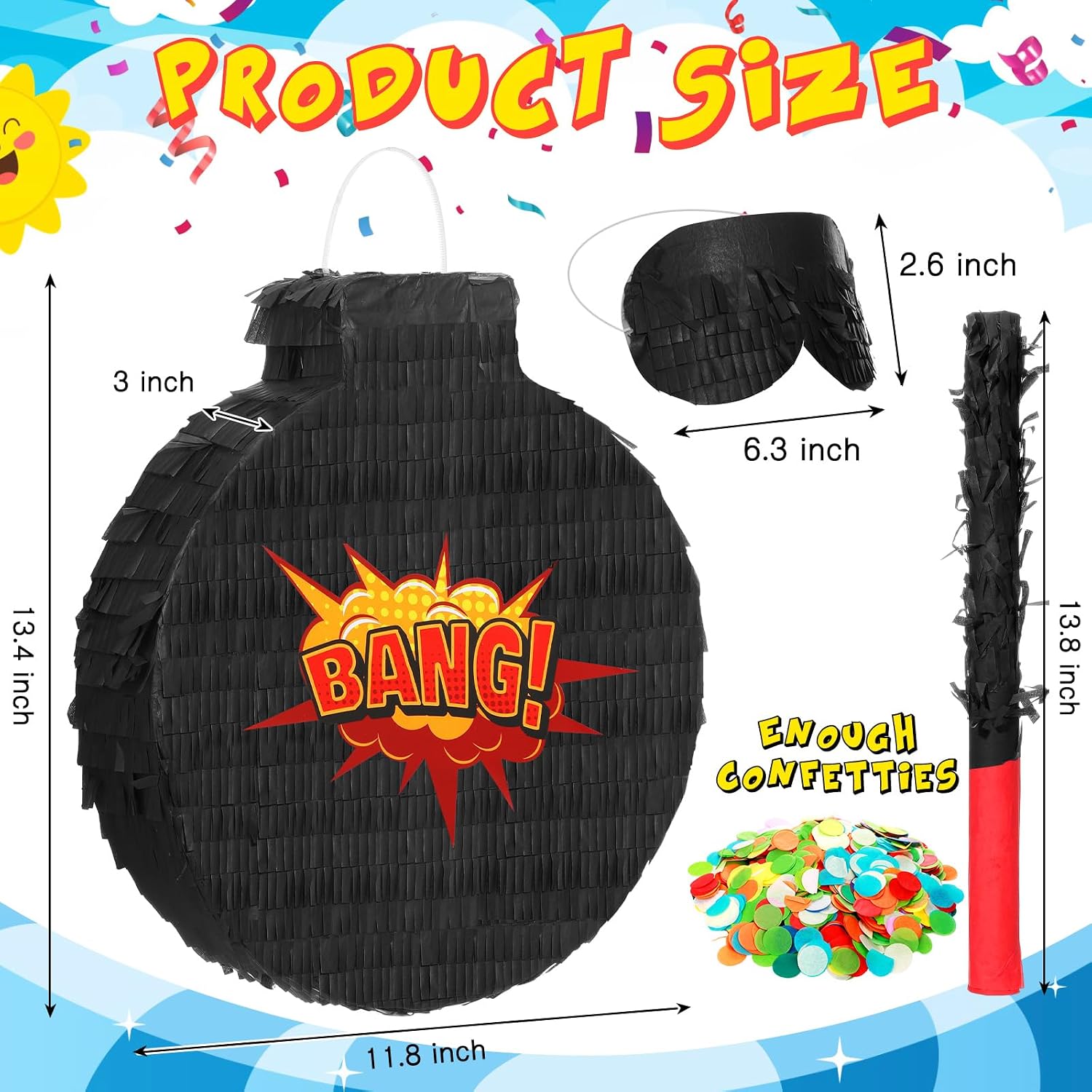 Wettarn Hero Boom Piñata for Birthday Party Large Black Piñata with Blindfold Stick Confetti Hero Theme Party Game Prop for Adults, 13.4 x 11.8 x 3 Inches