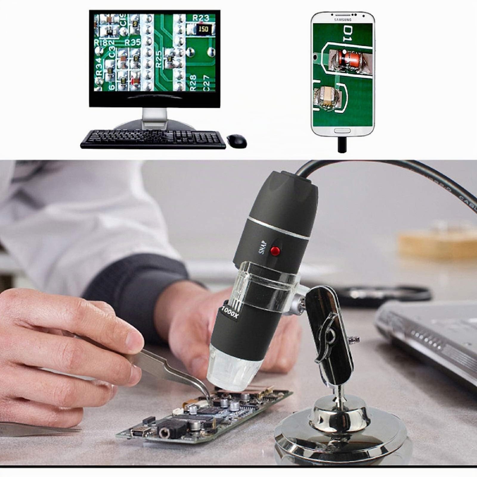Microscopio Digital USB 40X a 1000X, Bysameyee 8 LED Cámara de endoscopio de Aumento con Estuche y Soporte de Metal, Compatible para Android Windows 7 8 10 Linux Mac