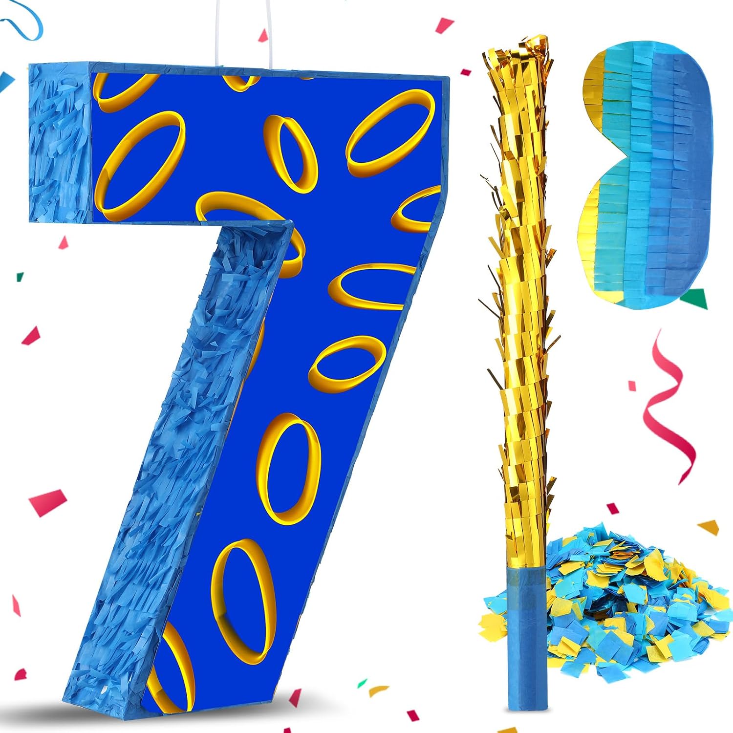 Soulchen Number 5 Piñata for Birthday Party Supplies 16.5 x 11.4 x 3 Inches Blue and Golden Ring Piñata with Blindfold Stick Confetti for Cartoon Theme Party Decorations Fiesta Anniversary Celebration