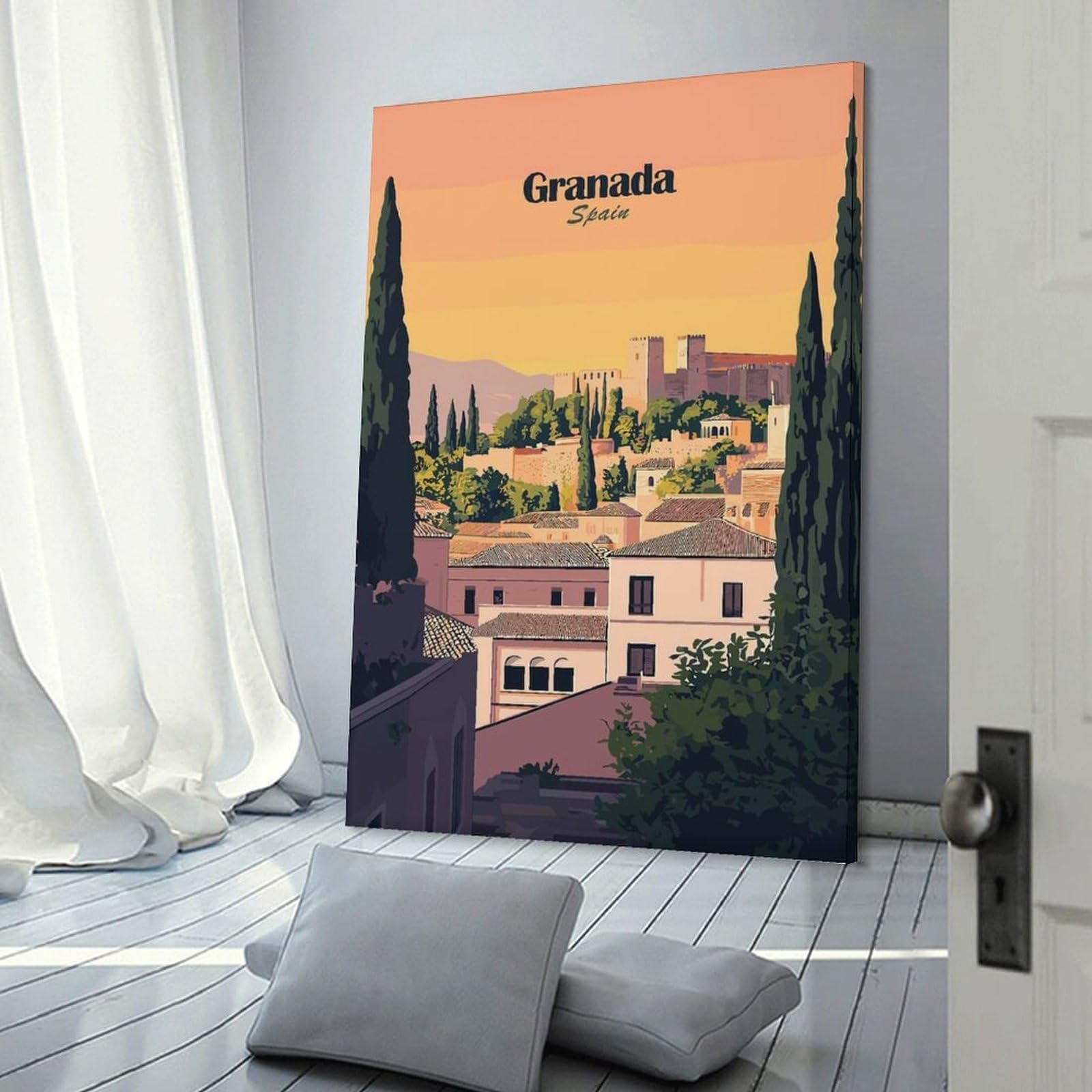 Junmoney Frame-Style-5 Canvas Art Print Granada, Spain Cityscape, 24X36inch(60X90cm), For Office, Study Or Home Workspace, Wall Art That Adds Style To Work Areas