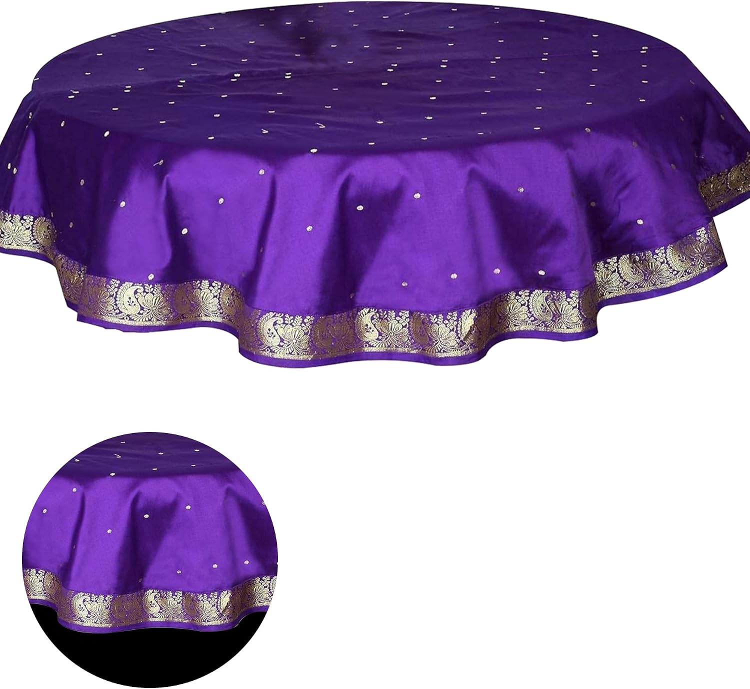 Regal Purple Handmade Sari Fabric Round Tablecloth with Golden Paisley Borders | Vintage Table Cloth for Birthdays, Weddings Celebrations & Everyday use Tablecloth -60 inches Diameter