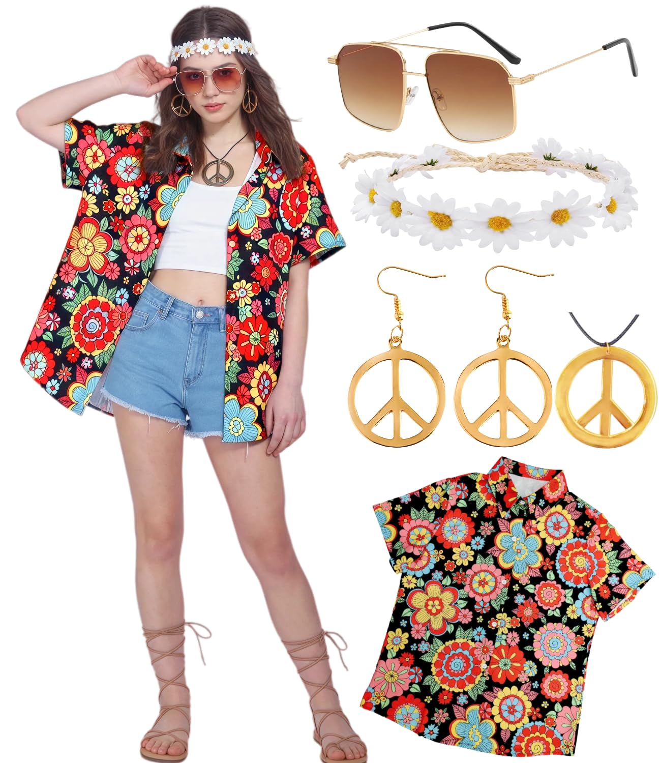 kasahara Costume hippie pour femme, Haut hawaïen, Chemise vintage, Tenue années 80 et 90, Décontracté, Rétro Costume de carnaval