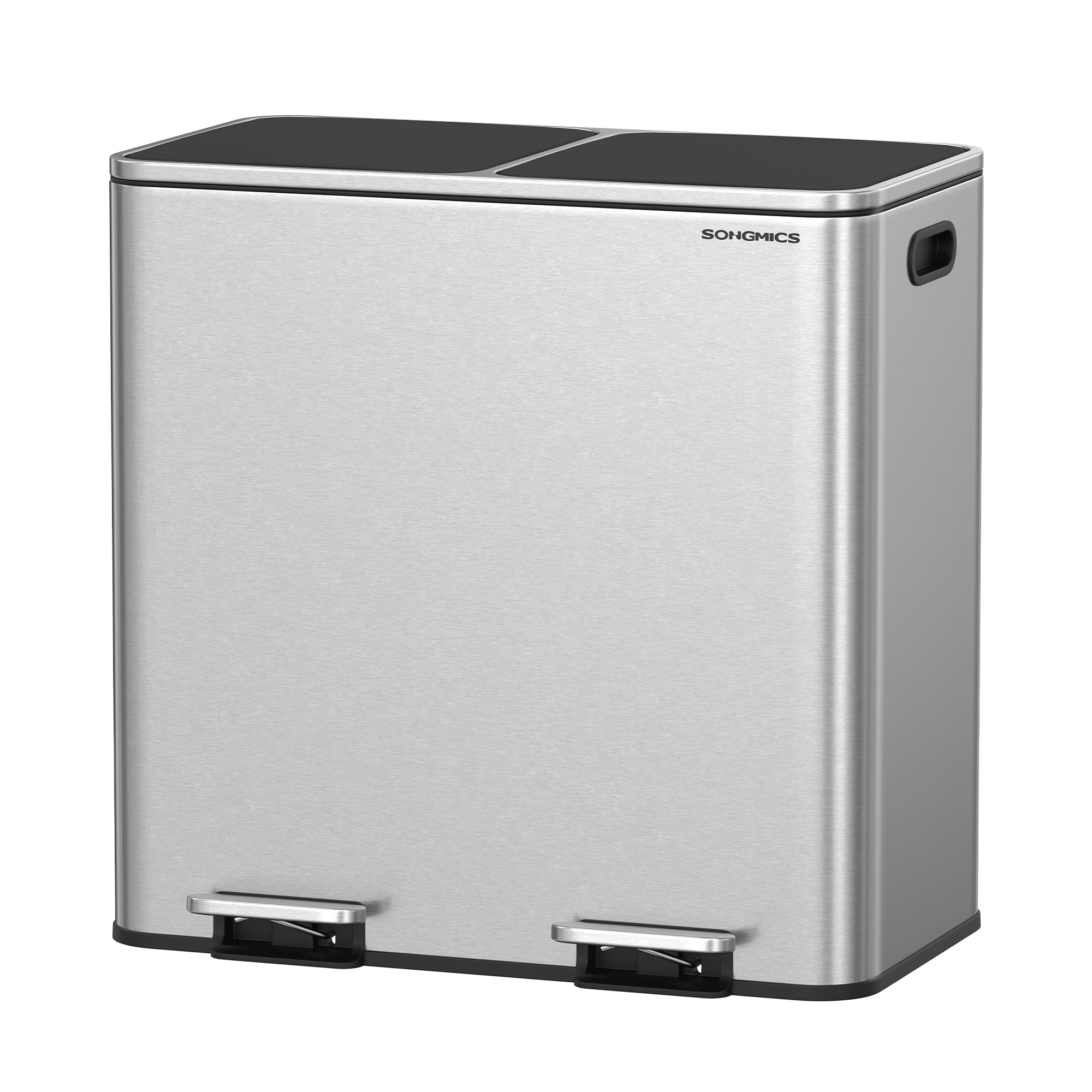 SONGMICS Mülleimer, 2 x 40 Liter, 2 Fächer, Mülltrennsystem, Treteimer, Abfalleimer Küche, 15 Müllsäcke, Metall, Inneneimer aus Kunststoff, Klappdeckel, Softclose, silbern-schwarz LTB730E80