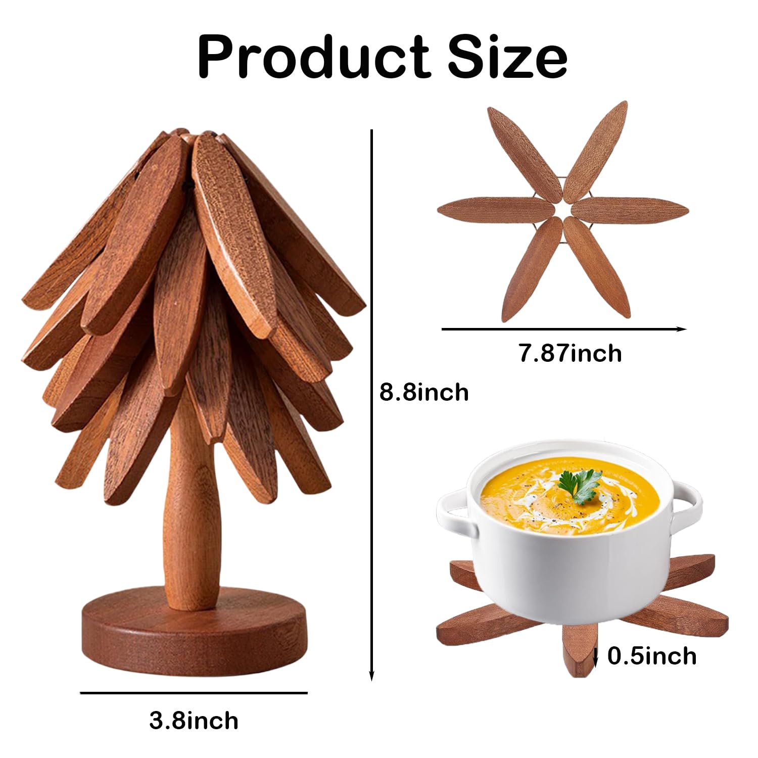 Dessous De Plat Naturel Réutilisable Cadeau Cuisine Dessous De Plat En Bois Noyer Noir - Lot De 4 + 1 Support - Design Arbre Pliable Design Arbre Décoratif
