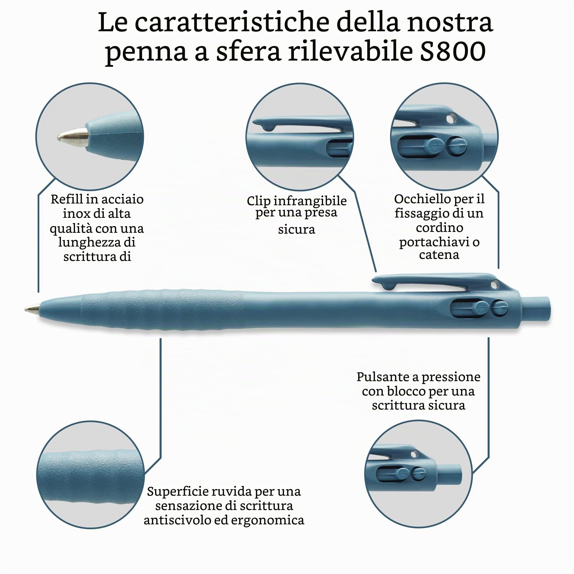 Penna a sfera S800 rilevabile al metal detector e ai raggi X, infrangibile, impugnatura ergonomica, con mina retrattile, 25 Stück, Colore della scritta: blu., 25
