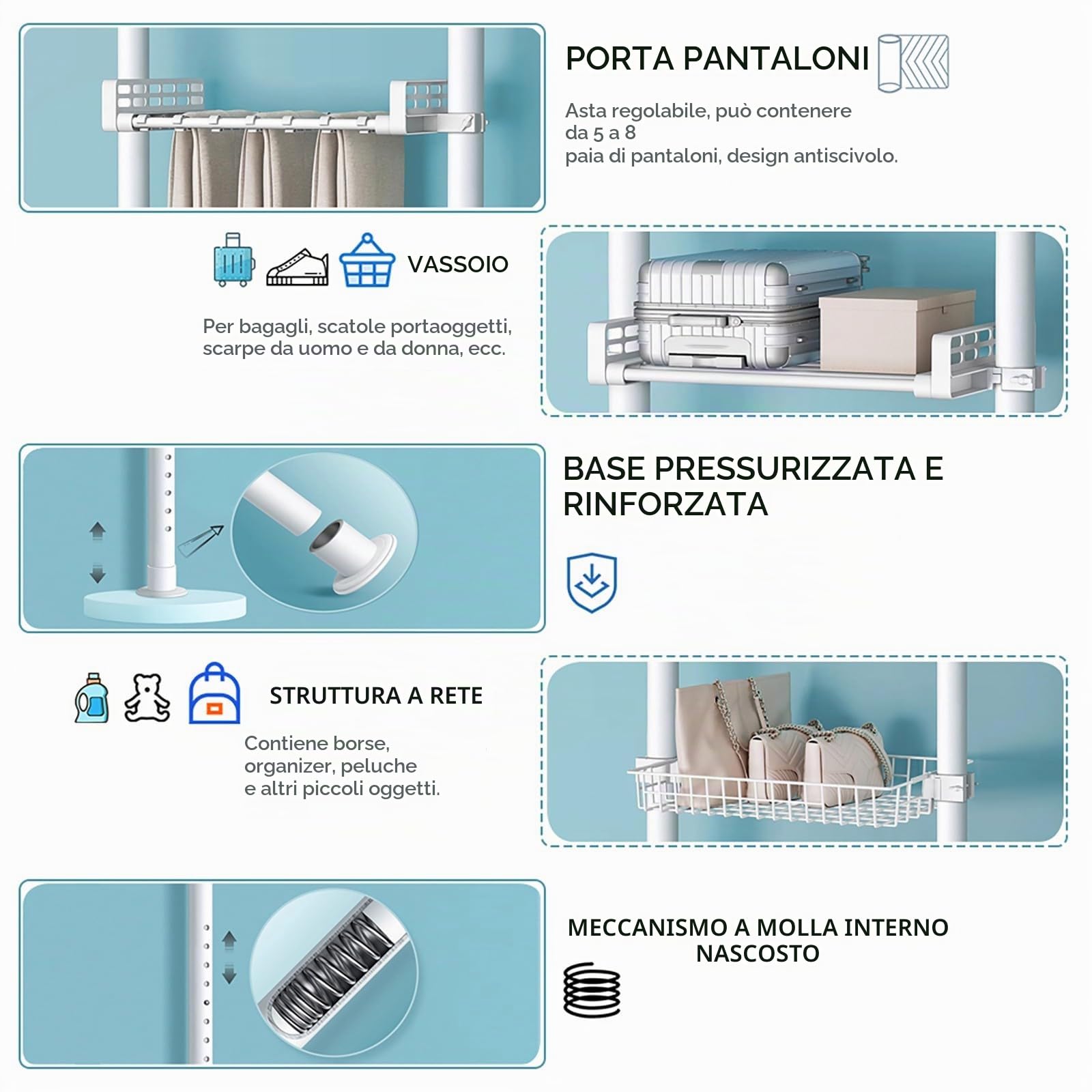 Sistema Armadio Telescopico, Cabina Armadio Componibile con Cestini e Vassoio, Altezza e Larghezza Regolabile, capacità di Carico 400 kg, per Camera da Letto, Soggiorno