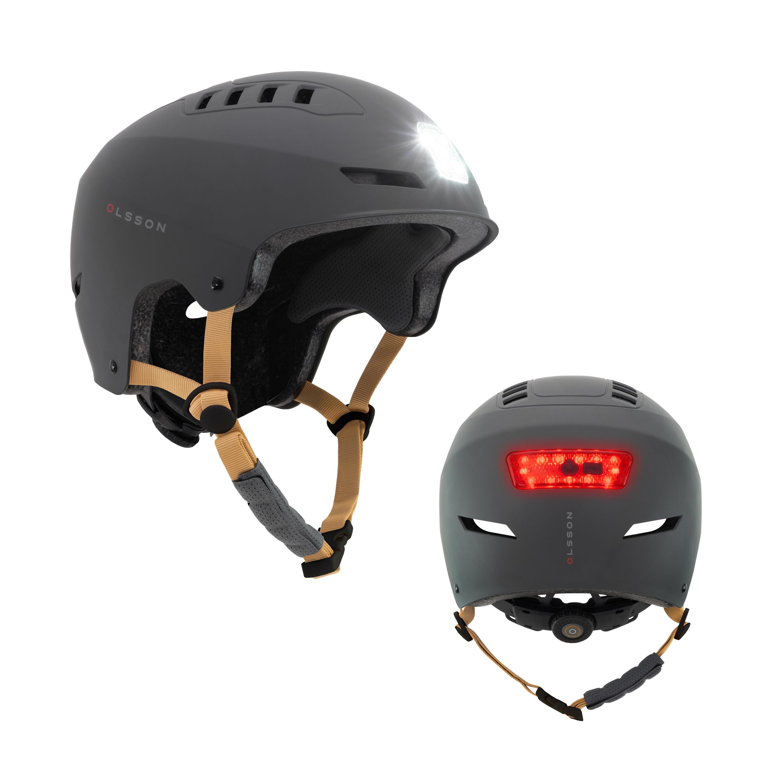 Casco con luz OLSSON Urban Light, Ajustable, Homologado y Resistente Impactos 360º,LED Frontal+Trasero, Forro Desmontable, ventilación, Apto para patinetes,Patines,Bicicletas