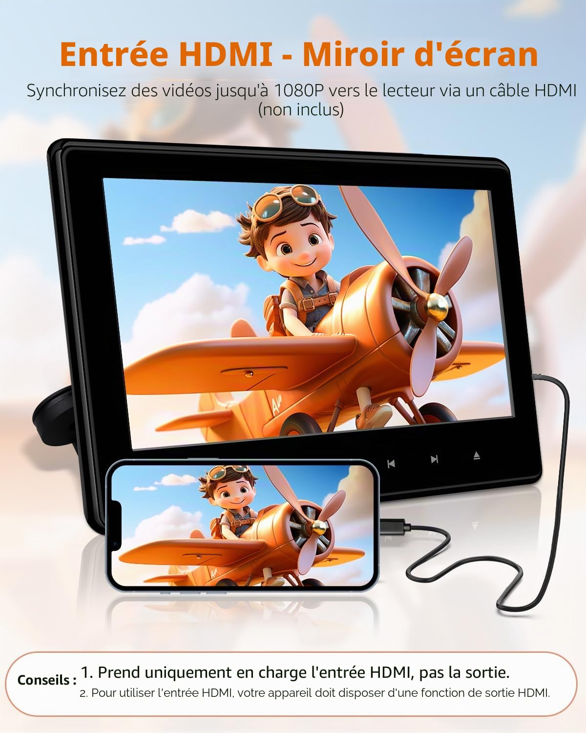 10,1" Lecteur DVD de Voiture avec Entrée HDMI, Lecteur DVD de Voiture Portable avec Support pour appuie-tête, mémoire de la dernière Lecture, Prise en Charge des Cartes USB/TF