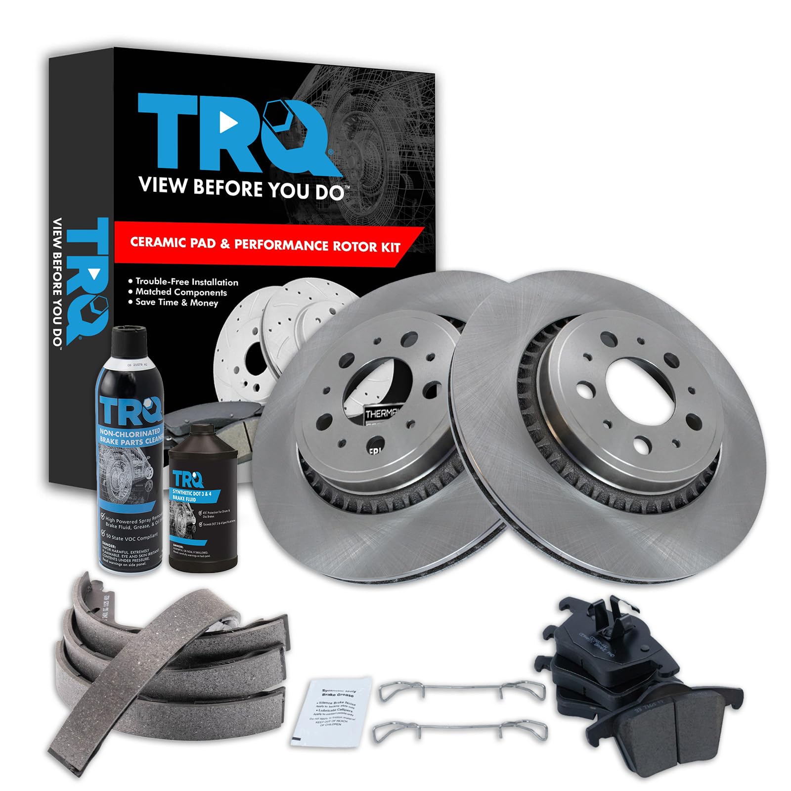 TRQ Rear Brake Pad &amp; Rotor Kit, with Chemical Kit Parking Brake Shoe Set Ceramic Compatible with 2008-2014 Volvo XC90
