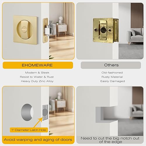 Miniatura 7 de Paquete de 2 cerraduras de puerta de bolsillo, cierre de puerta de bolsillo dorado, herrajes para puerta de bolsillo interior, función de