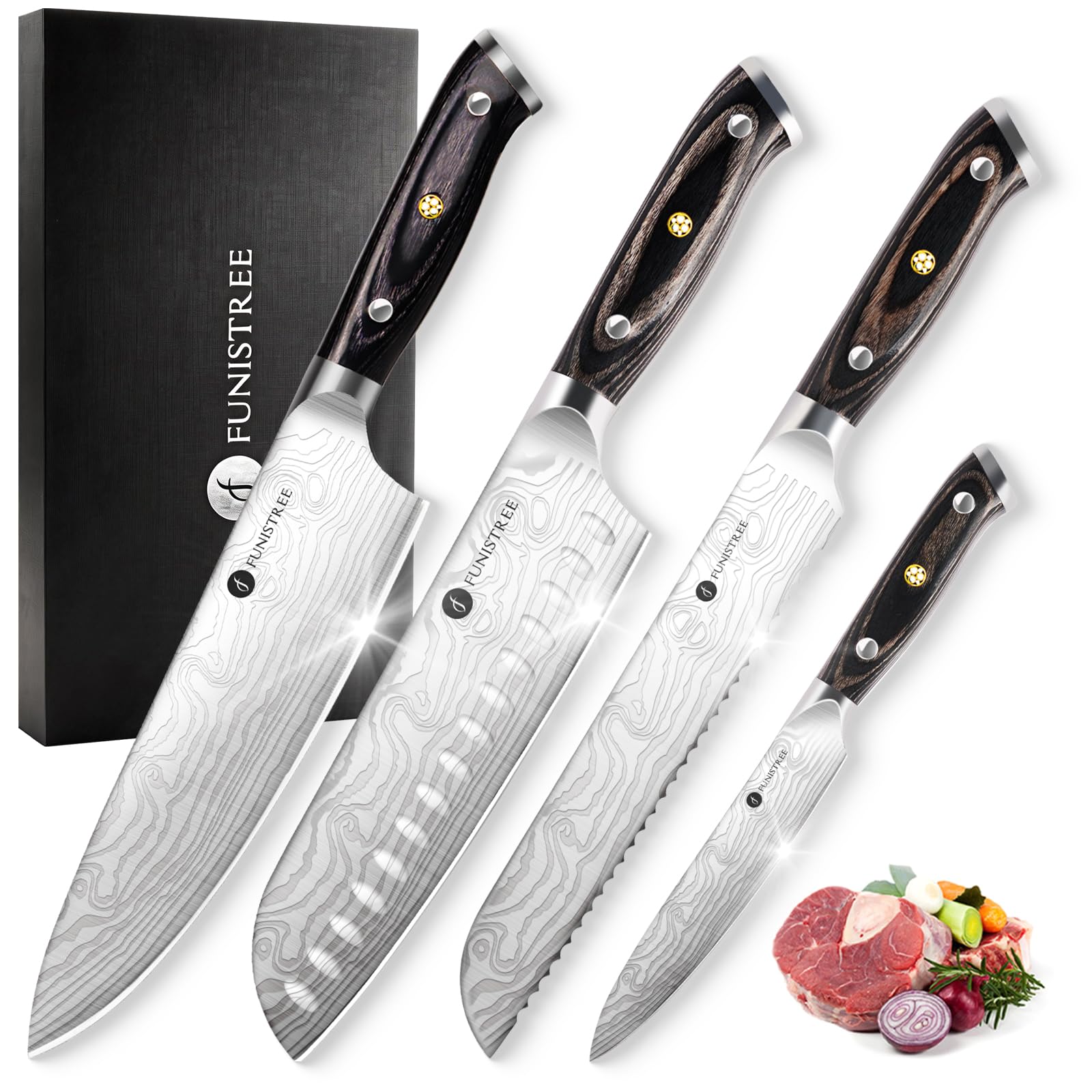 4-piece kitchen knife set in wooden gift box with pakkawood handles