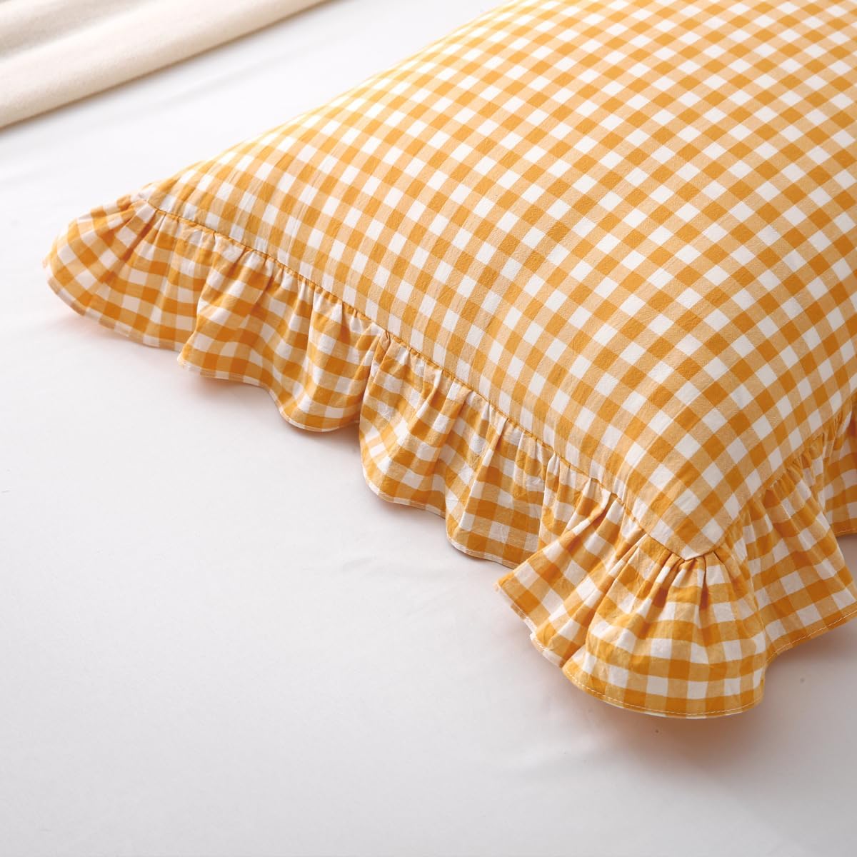 Mywinlle Yellow/White Plaid Ruffle Pillow Shams Queen Size Set of 2, Checkered Washed Cotton Mustard Gingham Pillow Covers Vintage Pillowcases 20"x30"