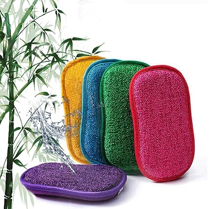 IMEISH 5Pack Kitchen Dish Scrub Sponge Pads Non Scratch with Bamboo Microfiber Dishcloth No Odor Reusable Washable Multipurpose Scrubber Sponges Heavy Duty for Da wn Dish Soap Cleaning of Sink