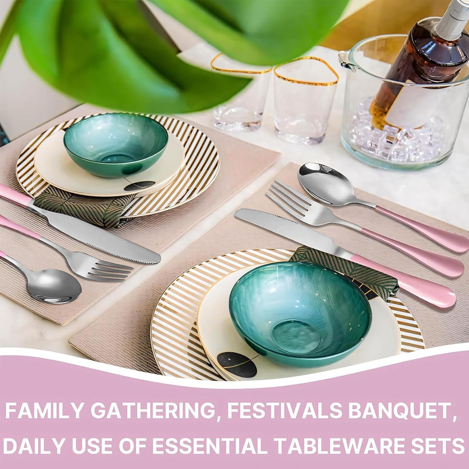 Juego de cubiertos con soporte, juego de cubiertos de acero inoxidable de 24 piezas con soporte, tenedor y cuchara para 6 personas, moderno juego de utensilios de cocina (rosa)