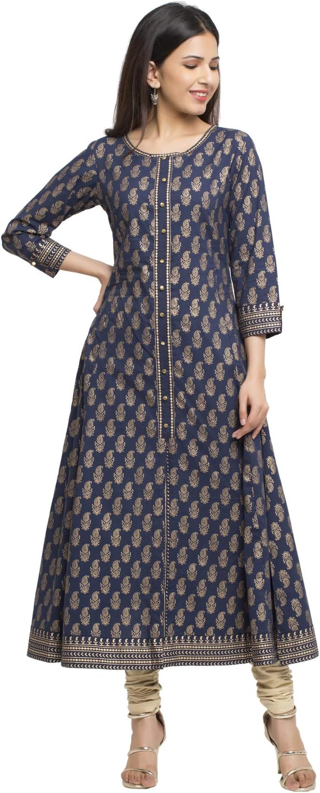 Women's Plus Size Cotton Calf Length Flared 3/4 Sleeve Anarkali Kurta Dress For Summer
