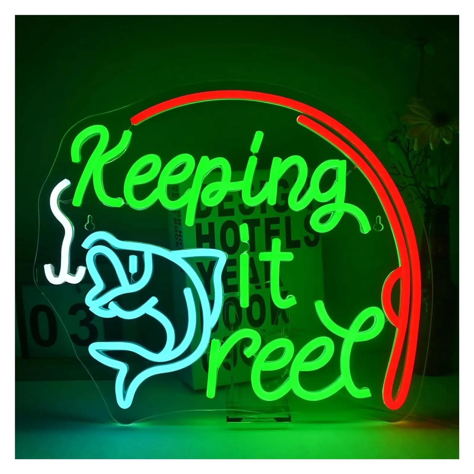 XENITE Luci al Neon Da Parete Keeping It Reel Insegna Al Neon USB A Tema Pesca LED Attrezzatura Per Negozi Sala Da Gioco Decorazione Camera Letto 44.5X38.4cm