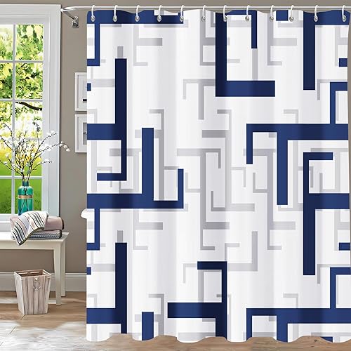 Cortina de ducha moderna geométrica azul, cortinas de ducha para baño, juego de cortinas de ducha impermeables de tela texturizada con 12 ganchos,