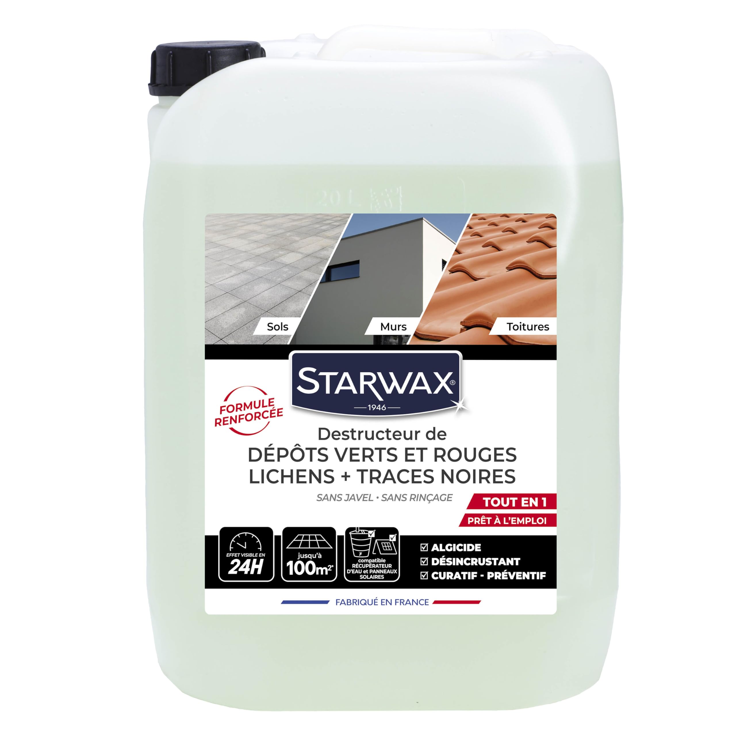 STARWAX Destructeur Dépôts Verts, Rouges, Lichens & Traces Noires, 10L pour 100m², Algicide désincrustant Tout-​en-​1 grandes surfaces, Formule renforcée DDAC 20g/​kg, Sans javel, Fabriqué en France
