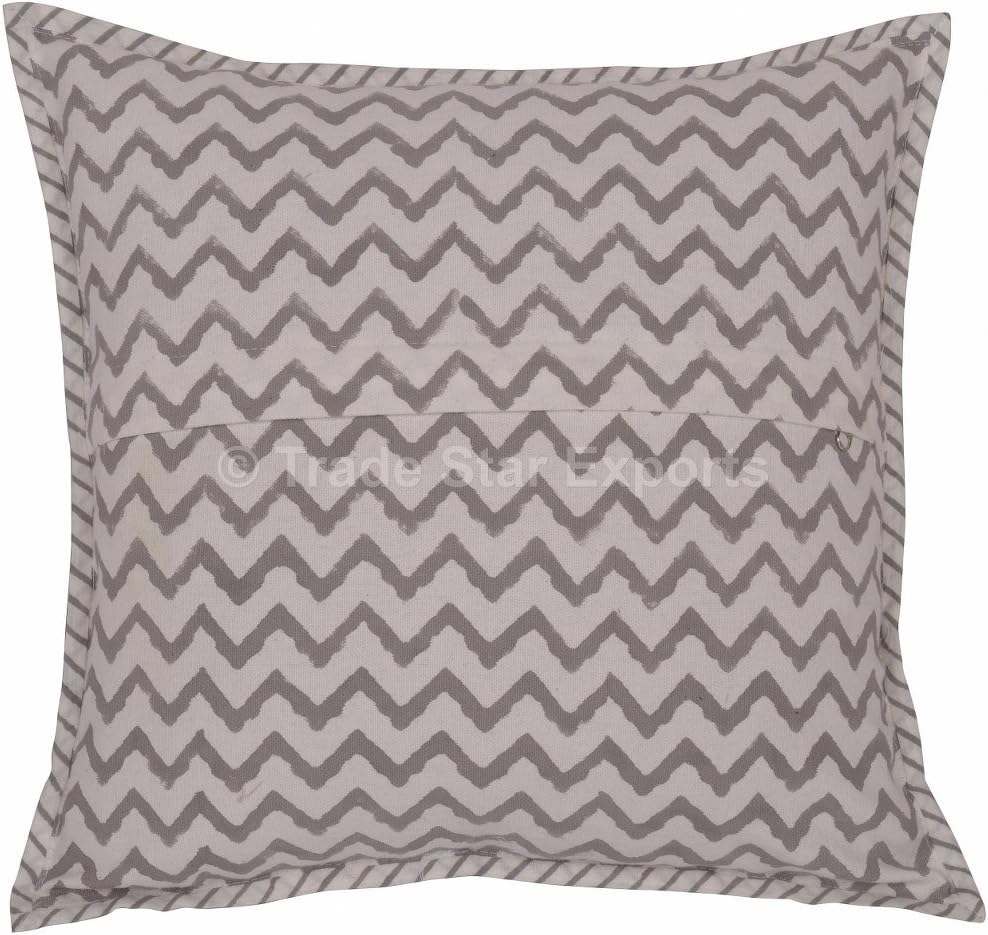 Trade Star Exports Block Print Fabric Cushion Cover 16x16, Zig Zag Print Decorative Pillow Shams, Handmade Indian Outdoor Cushions, Boho Throw Pillowcases (Gray)